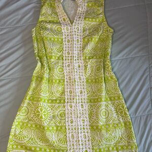 Mud Pie Lime Green Patterned Sleeveless Midi Dress with White Lace Trim